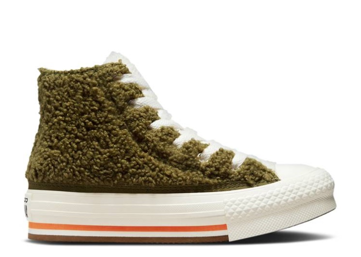 Converse Chuck Taylor All Star Sherpa Eva Platform High Gs - Dark Moss Bold Mandarin